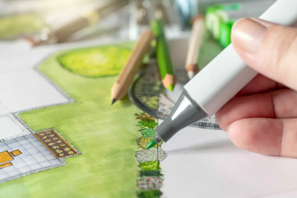 Sachverständiger für Garten- und Landschaftsbau zeichnet mit Stift einen farbigen Plan für einen Garten