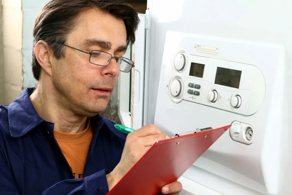 Heizungssachverständiger prüft Heizungsanlage im Keller eines Hauses