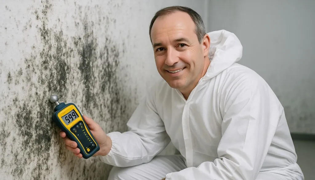 Schimmelgutachter im Schutzanzug misst mit einem Feuchtemessgerät an einer verschimmelten Wand