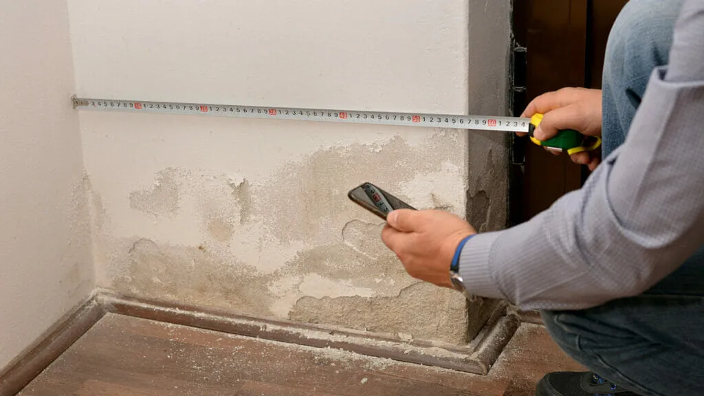 Wasserschaden Gutachter prüft einen Wasserschaden an einer Wand und misst die Größe des Schadens mit einem Maßband