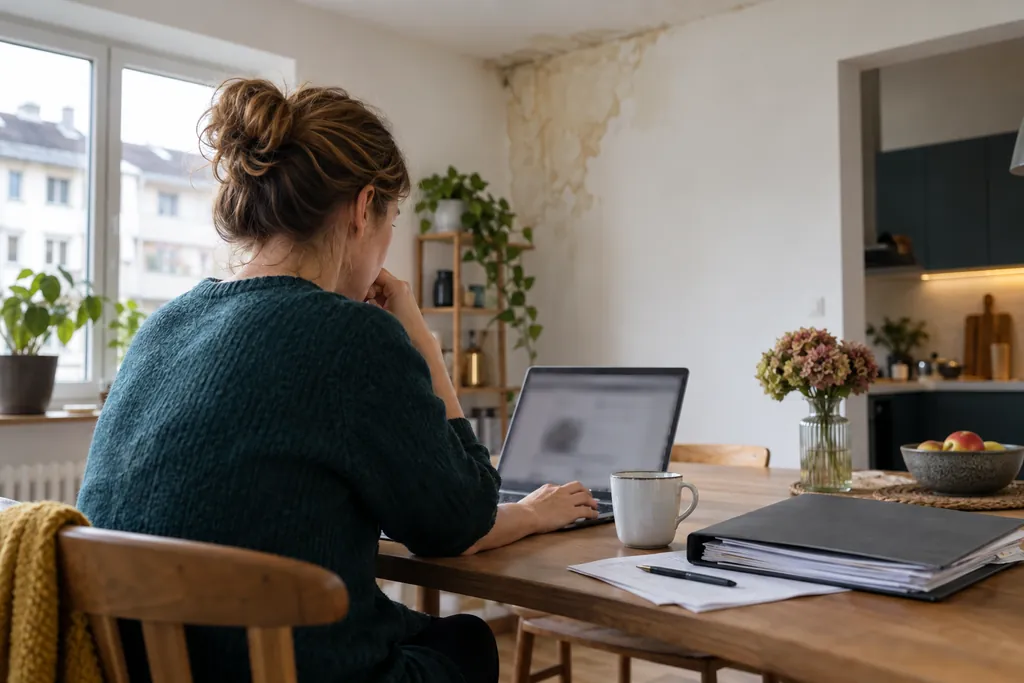 Frau sitzt am Esstisch vor dem Laptop, an der Wand hinter ihr ein großer Wasserfleck, neben ihr ein Aktenordner