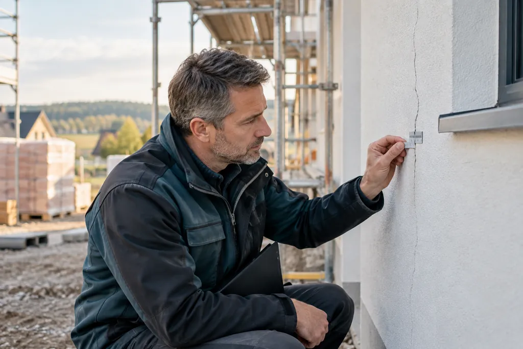 Baugutachter hält an einem Neubau einen Rissbreitenmaßstab an einen senkrechten Riss im Außenputz, im Hintergrund Baugerüst und Steinpaletten