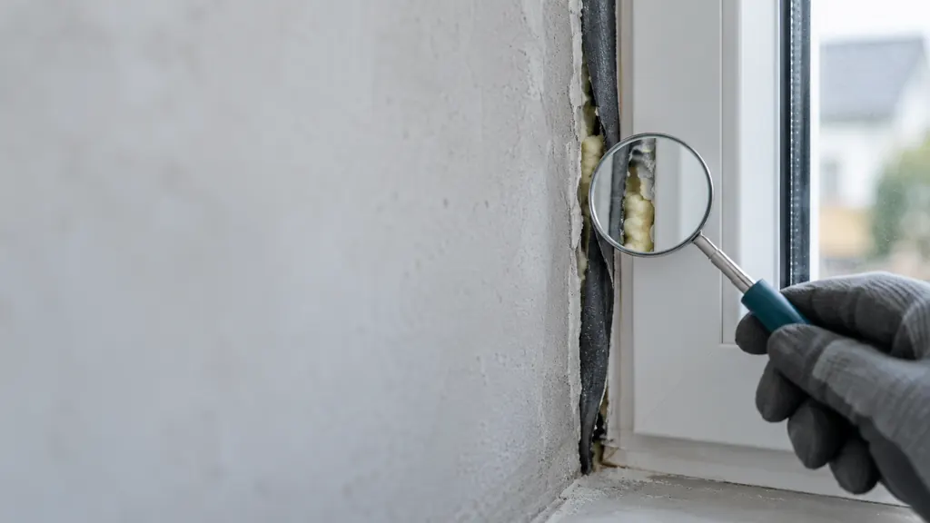 Eine Hand im Arbeitshandschuh hält eine Lupe an die offene Fuge zwischen Fensterrahmen und Mauerwerk; in der Fuge sind Dämmschaum und eine lose Dichtbahn zu sehen
