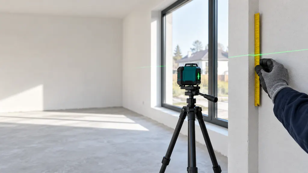 Sachverständiger prüft in einem fertigen, noch leeren Neubau mit Kreuzlinienlaser und Zollstock, ob Wand und Fensterlaibung lotrecht sind