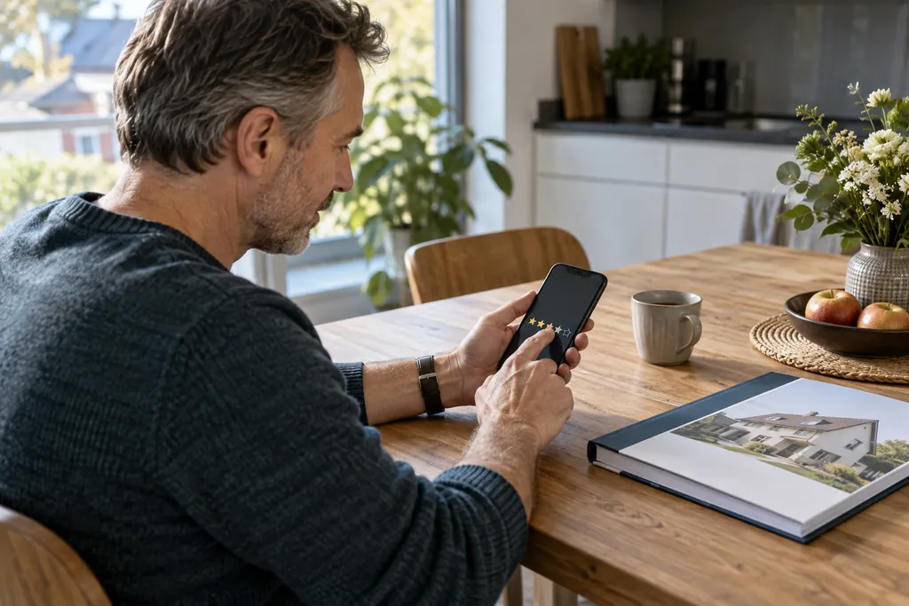 Ein Mann sitzt am Küchentisch und vergibt auf seinem Smartphone Sterne, neben ihm liegt ein gebundenes Gutachten mit dem Foto eines Einfamilienhauses