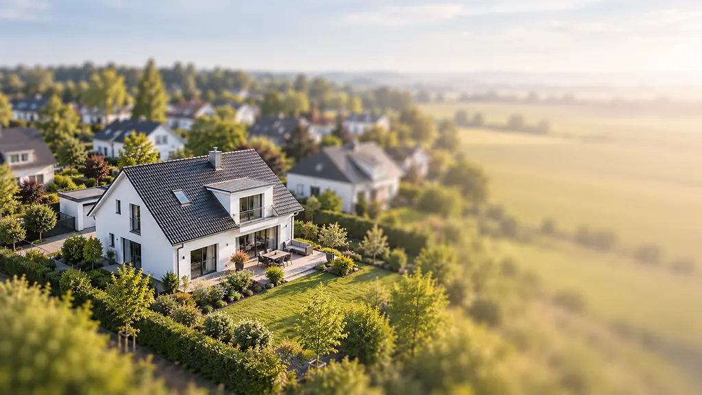 Luftbild eines weiß verputzten Einfamilienhauses mit Gauben, Terrasse und Garten am Rand einer Siedlung, dahinter Felder im warmen Licht