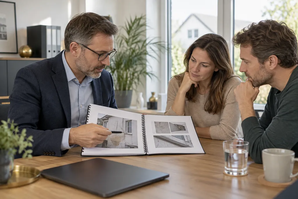 Ein Sachverständiger erläutert einem Paar am Besprechungstisch die Fotodokumentation eines Gutachtens mit Rissen und Feuchteschäden an einer Hausfassade