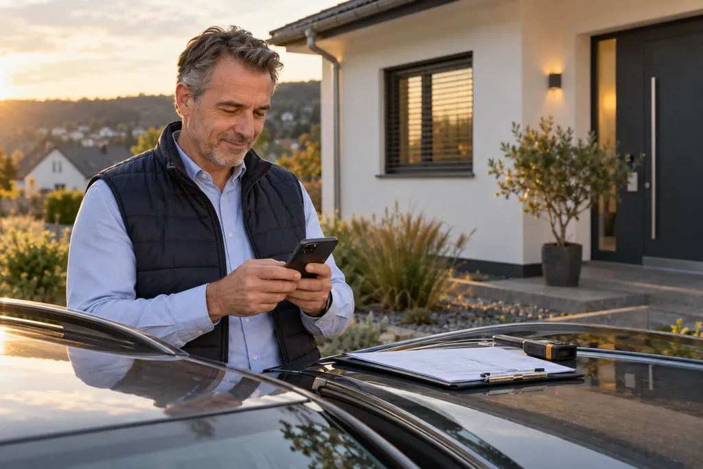 Sachverständiger steht vor einem Einfamilienhaus an seinem Auto und liest eine neue Anfrage auf dem Smartphone, auf dem Autodach liegen Klemmbrett und Messgerät