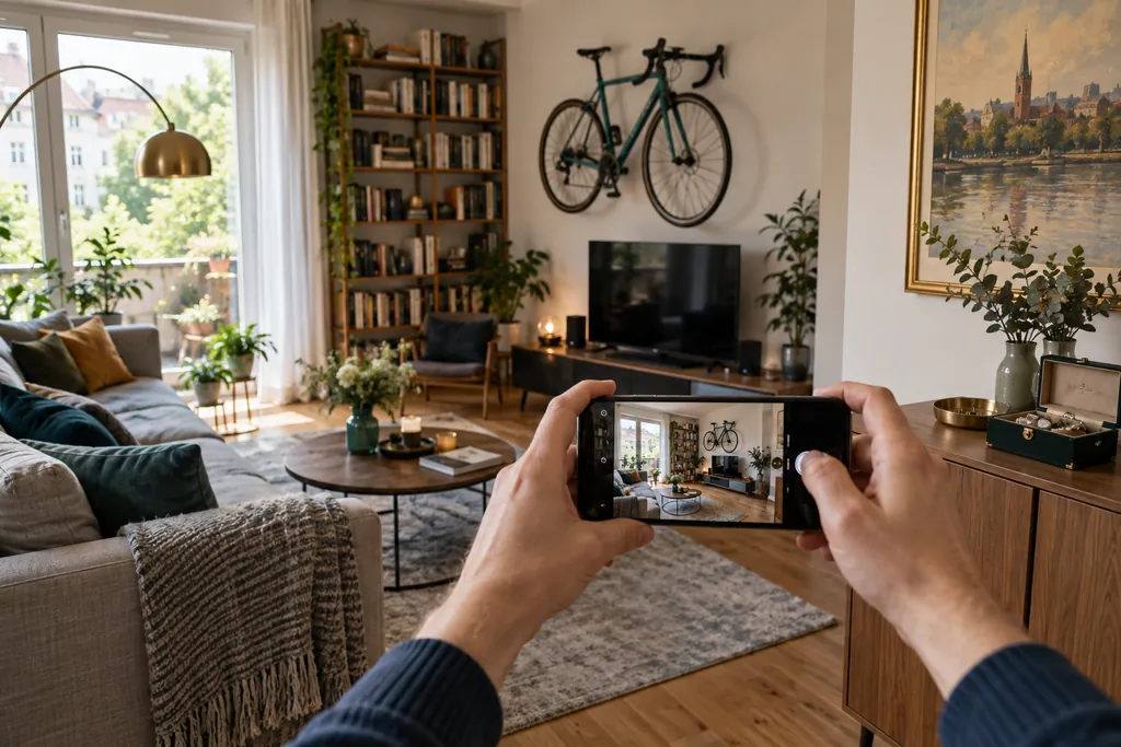 Hausrat für die Versicherung dokumentieren: Jemand fotografiert sein Wohnzimmer mit Sofa, Bücherregal, Fernseher, Rennrad, Gemälde und Schmuckkästchen per Smartphone