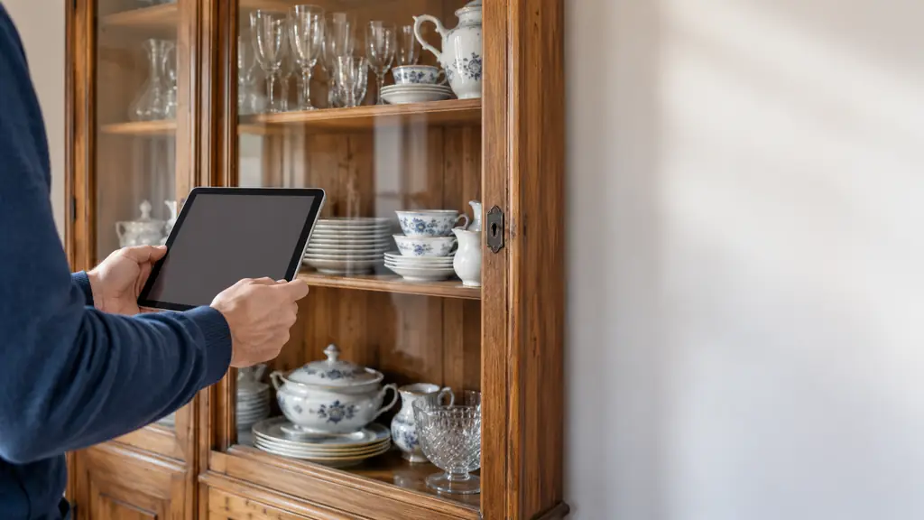 Eine Person hält ein Tablet vor eine Holzvitrine mit Glastüren, in der Porzellangeschirr mit blauem Dekor, eine Terrine, Kristallschalen und Weingläser stehen