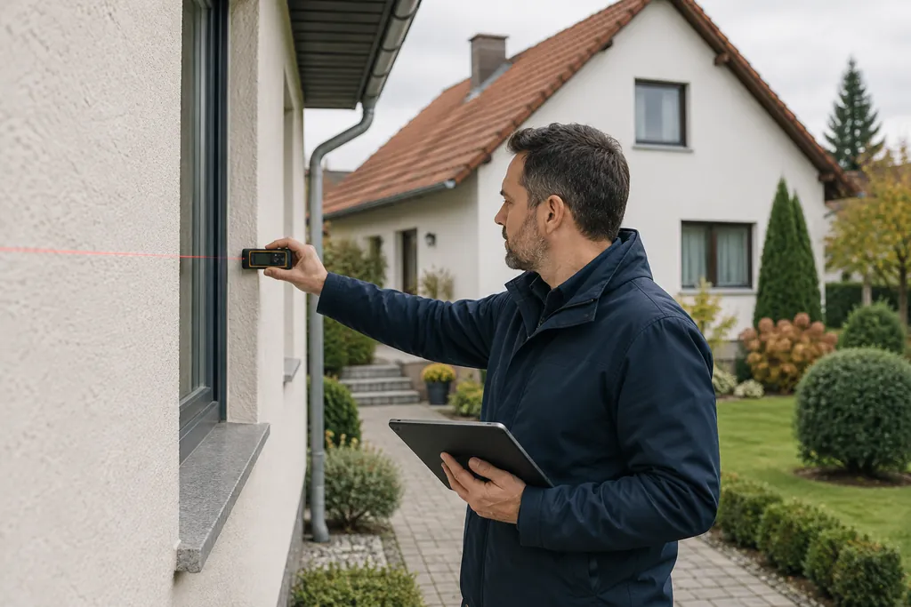 Immobiliengutachter misst mit einem Laser-Entfernungsmesser die Fassade eines Einfamilienhauses, in der anderen Hand ein Tablet
