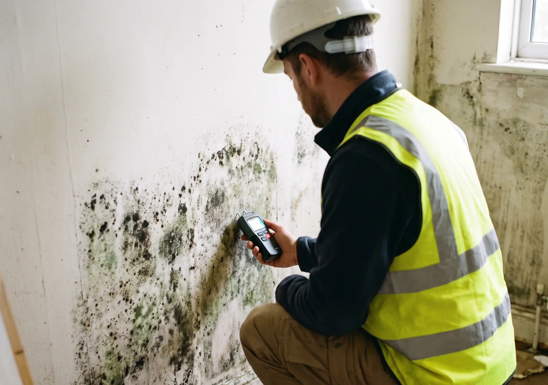 Sachverständiger misst mit einem Feuchtemessgerät an einer großflächig von Schimmel befallenen Innenwand