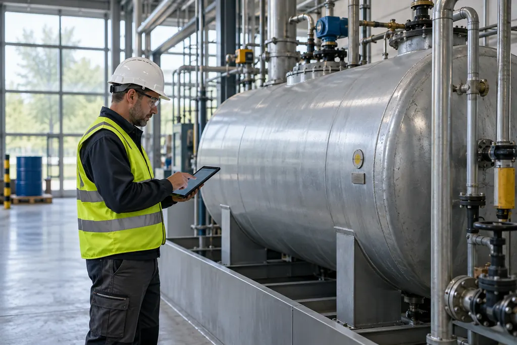 Prüfer mit Schutzhelm und Warnweste hält an einem liegenden Druckbehälter in einer Industriehalle die Prüfung auf dem Tablet fest