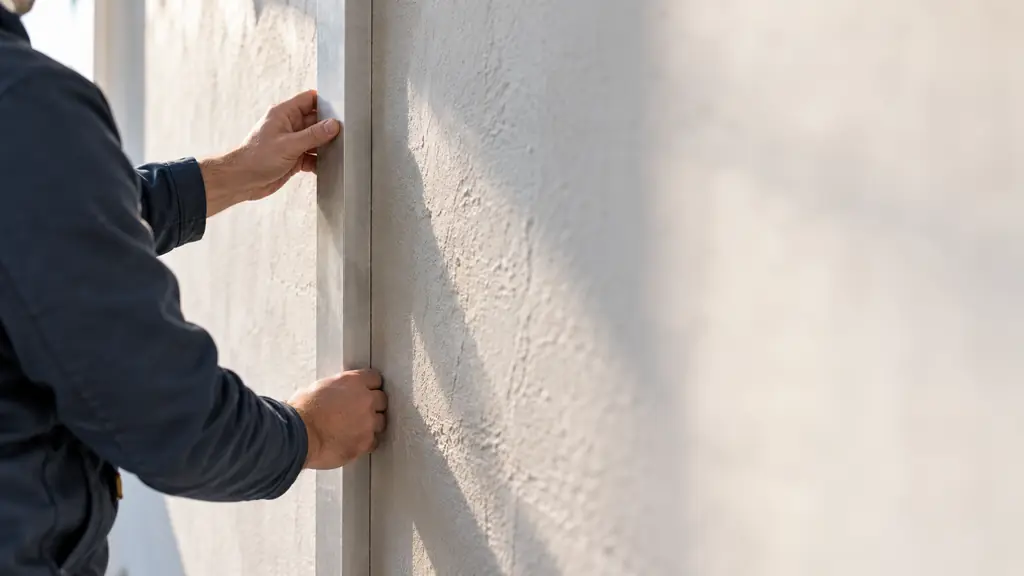 Ein Mann hält eine lange Richtlatte aus Aluminium senkrecht an eine verputzte Wand; das schräg einfallende Sonnenlicht macht die Struktur des Putzes sichtbar