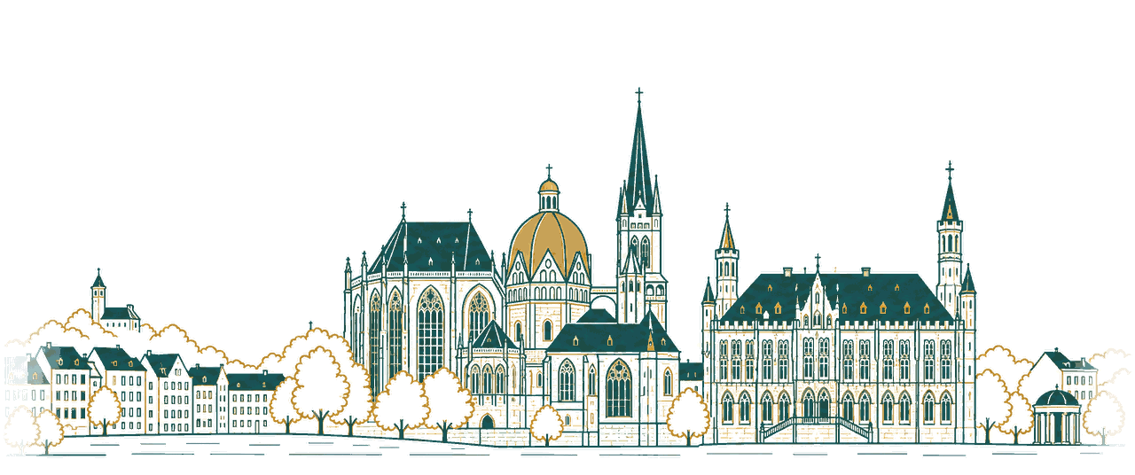 Zeichnung der Aachener Innenstadt mit dem Dom und dem gotischen Rathaus