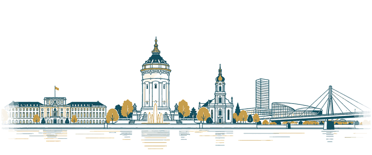 Zeichnung von Mannheim mit dem Barockschloss, dem Wasserturm und der Jesuitenkirche