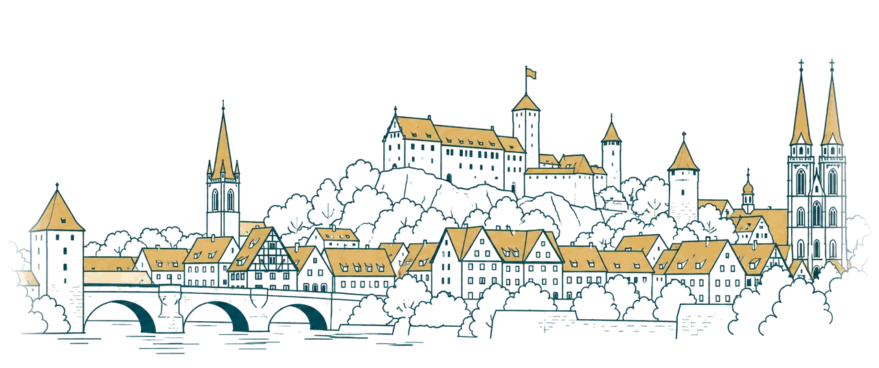 Zeichnung der Nürnberger Altstadt mit der Kaiserburg auf dem Burgfelsen, Fachwerkhäusern und einer Steinbrücke über die Pegnitz
