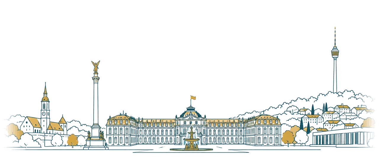 Zeichnung des Stuttgarter Schlossplatzes mit dem Neuen Schloss, der Jubiläumssäule und dem Fernsehturm auf den Hängen