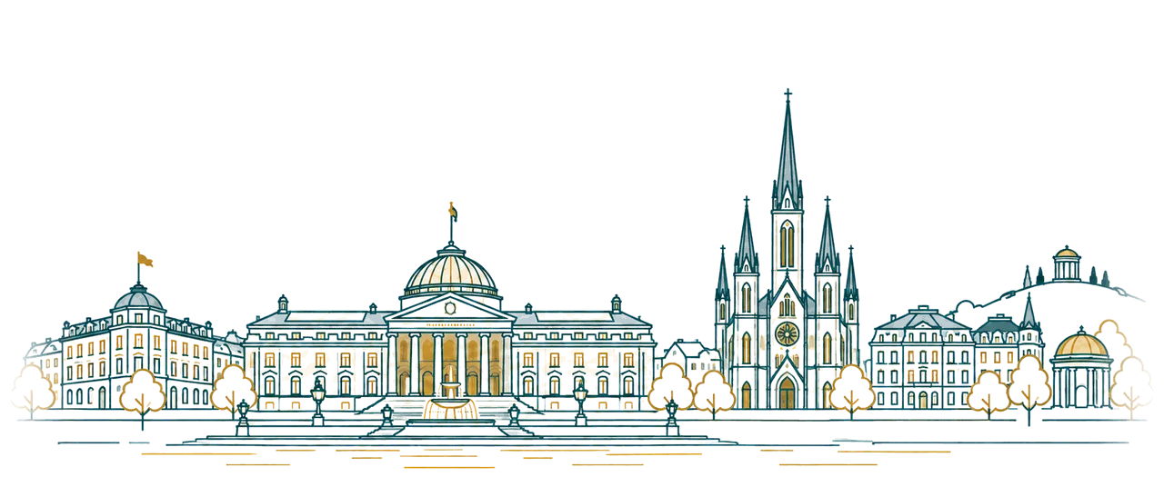 Zeichnung von Wiesbaden mit dem Kurhaus, der Marktkirche und dem Monopteros auf dem Neroberg