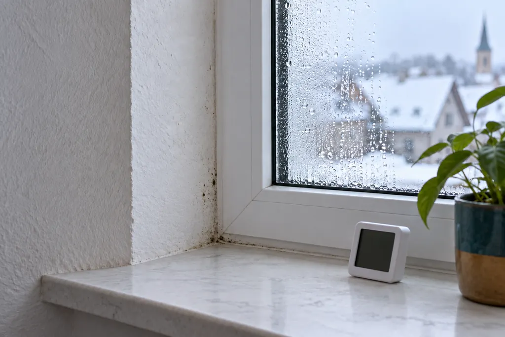 Fenster im Winter mit Kondenswassertropfen auf der Scheibe und dunklen Schimmelflecken in der Ecke der Fensterlaibung