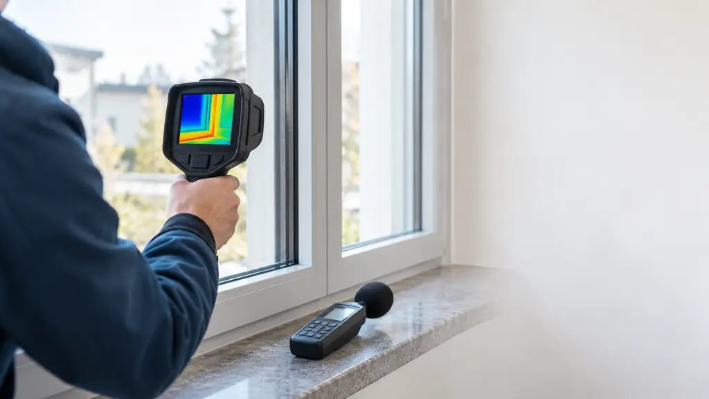 Ein Mann richtet eine Wärmebildkamera auf die Ecke eines Fensterrahmens, das Display zeigt die Temperaturverteilung in Farben; auf der Fensterbank aus Granit liegt ein Schallpegelmessgerät