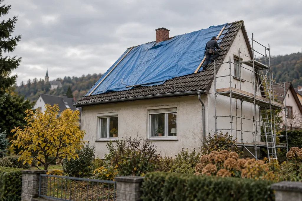 Einfamilienhaus mit einer blauen Plane über dem beschädigten Dach, ein Handwerker arbeitet auf dem Dach, an der Giebelseite steht ein Gerüst