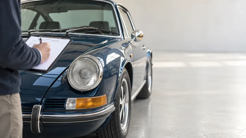 Eine Person mit Klemmbrett macht sich Notizen vor einem dunkelblauen Oldtimer-Coupé mit runden Scheinwerfern und verchromter Stoßstange in einer hellen Halle