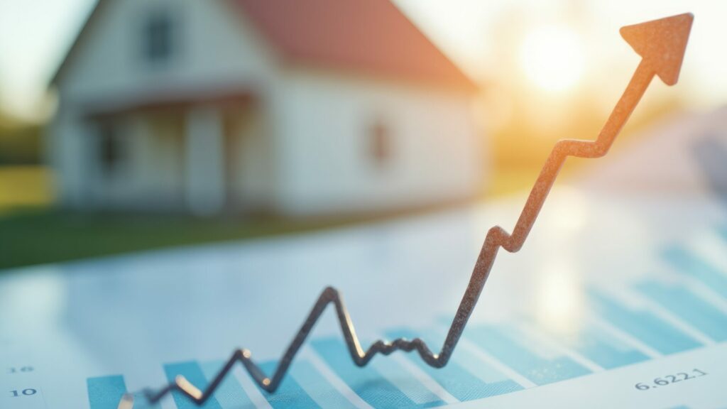 Verschwommenes Haus im Hintergrund. Chart mit Wertentwicklung im Vordergrund