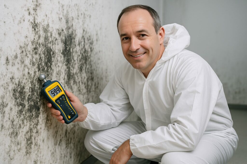 Schimmel Gutachter misst die Feuchtigkeit an einem Schimmelschaden an der Wand.
